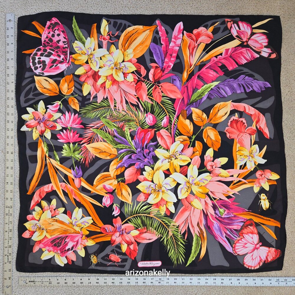 Salvatore Ferragamo Silk Scarf Hand-Rolled Hems Butterfly in Flower Garden - Picture 7 of 12